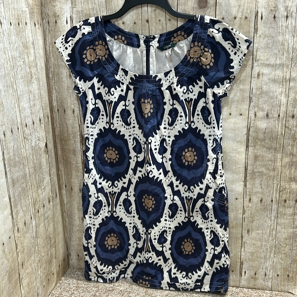 J Crew Cream Navy 100%‎ Cotton Casual Cottage Feminine Dress NWOT Size 0